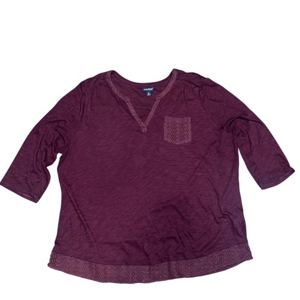 Lucky Brand Womens 2X Burgundy Crochet Trim Slub Knit V-Neck Top 3/4 Sleeve